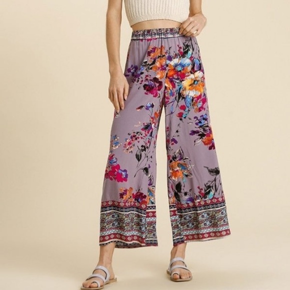 Umgee Pants - UMGEE Floral Print Elastic Waistband Palazzo Pants
